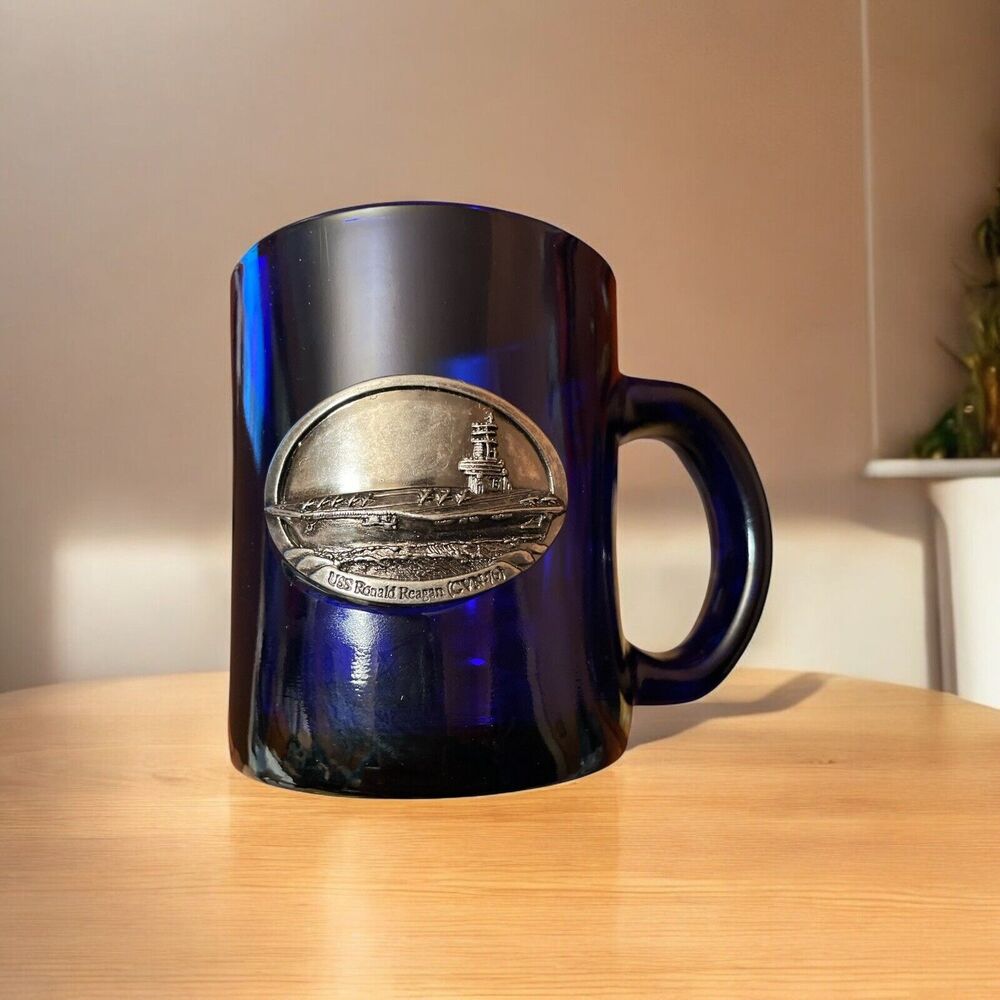 USS RONALD REAGAN Collectable Mug Cobalt Blue Coffee Cup Pewter Emblem USA Navy